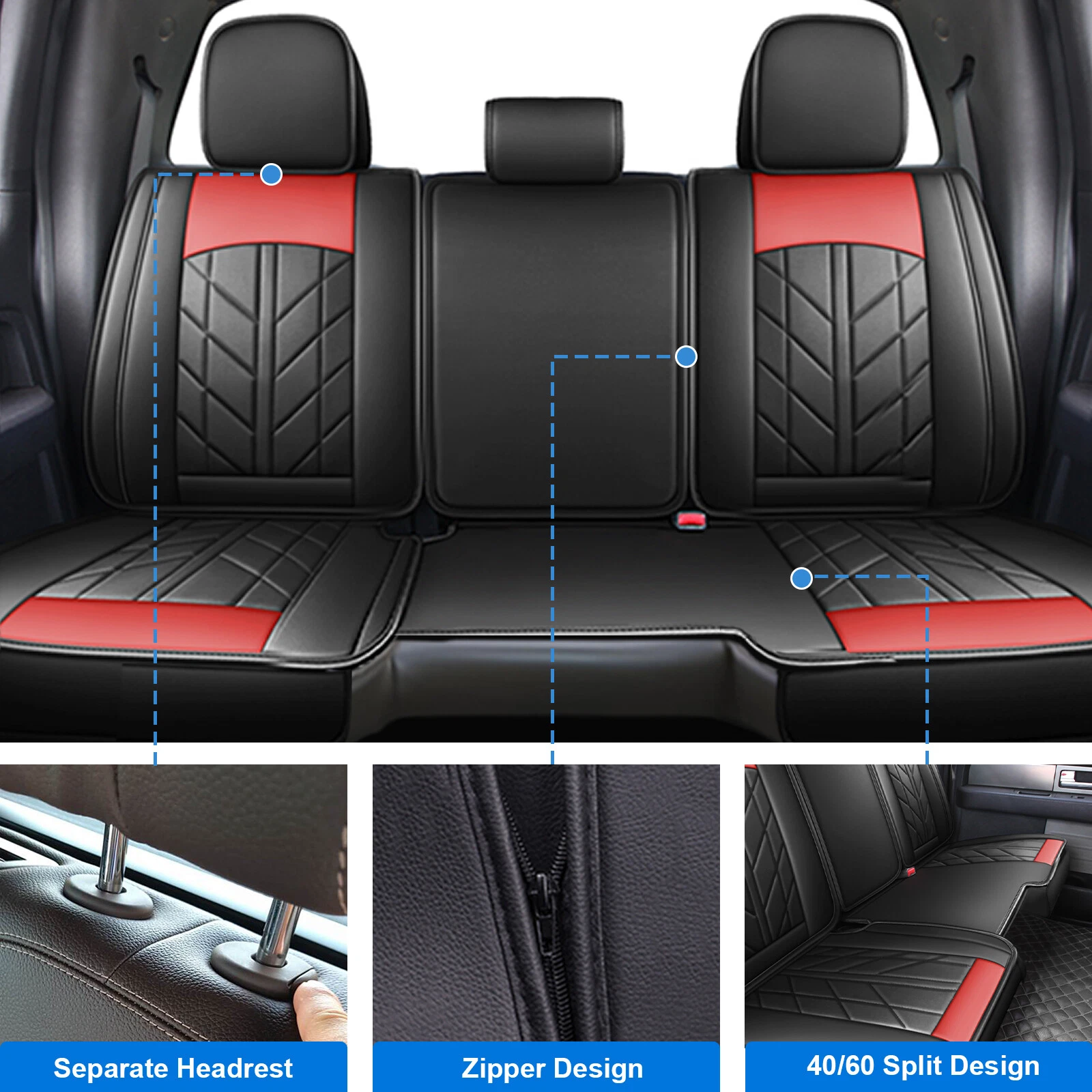 Custom Fit for Dodge Ram 1500 2500 3500 2009-2023 Car Seat Covers, Luxury Faux Leather Front Rear Seat Pickup Cushion Protector Black Red