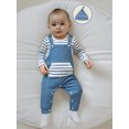 thumbnail image 4 of Spewahor Infant Baby Boy Fall Clothing Sets 0 3 6 9 12 18 Months Fashionable Long Sleeve Striped Romper with Overalls and Hat 3Pcs Fall Outfits, 4 of 9