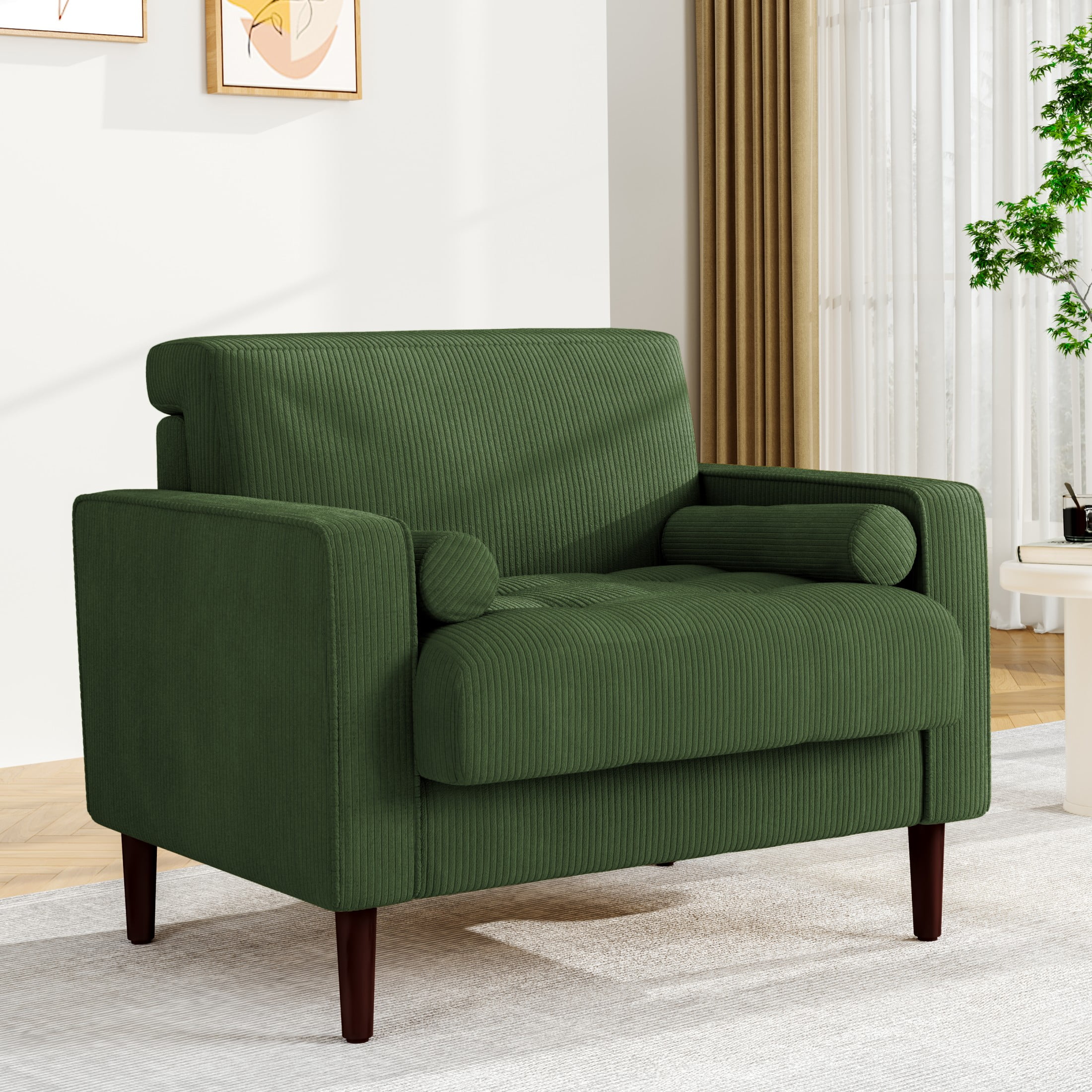 DREAMSIDEA Modern Upholstered Corduroy Accent Chairs Comfy Armchair Reading Chair with Pillows for Living Room Bedroom Reading Room,Green