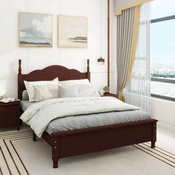 Full Size Wood Platform Bed Frame,Retro Style Platform Bed with Wooden Slat Support,Dark Walnut