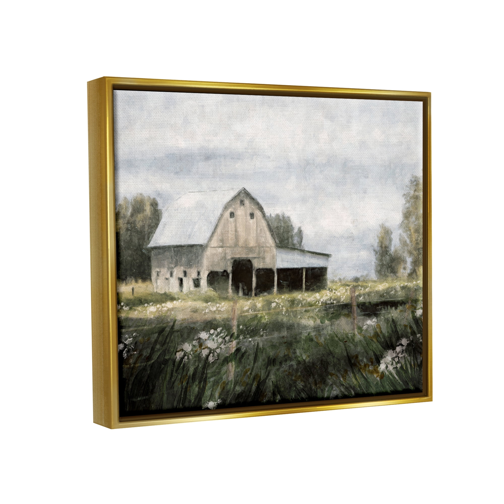 Stupell Industries Country Farmhouse Barn Meadow Landscape Painting Gold Floater Framed Art Print Wall Art