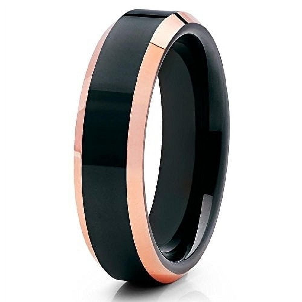 Silly Kings Jewelry 6mm Polished Black Tungsten Carbide Ring Beveled Rose Gold Edge Unisex Band 10 (10)