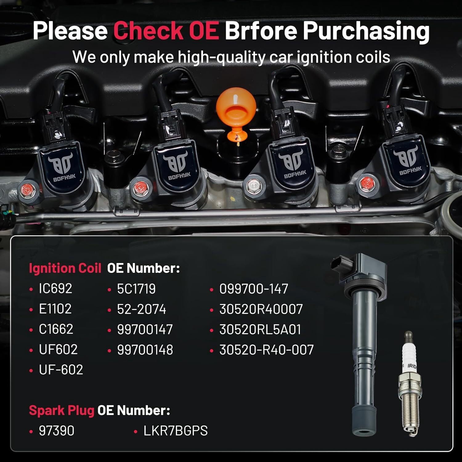 BDFHYK Ignition Coil Pack UF602 and Iridium Spark Plugs 97390 Compatible with Acura ILX Honda Accord Civic CR-V Crosstour 2.4L L4 UF-602 C1662 5C1719 E1102 LKR7BGPS, Sets of 4