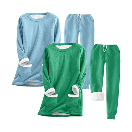 qolati 2 Pack Women Warm Pajama Set Fleece Lined Long Sleeve Crewneck Sweatshirt Pullover Thicken High Waist Jogger Pants Loungewear Fall Winter Outfits Green XXL 12