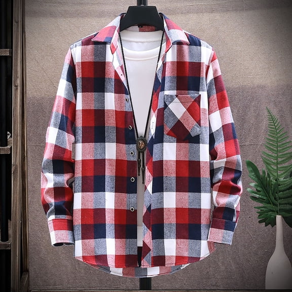 Mens Flannel Shirt Long Sleeve Casual Fashion Collar Regular Fit Plaid Shirt Versatile Lightweight Fall Button Classic Basic Tops With Pocket Red 43