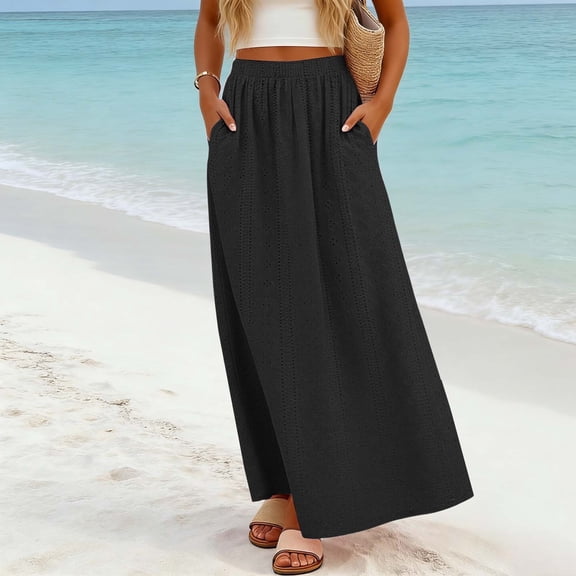 Skirts for Women Elegant Solid Color Casual Skirt with Pockets A Line Everyday Wear Breathable Womens Maxi Skirt Black L