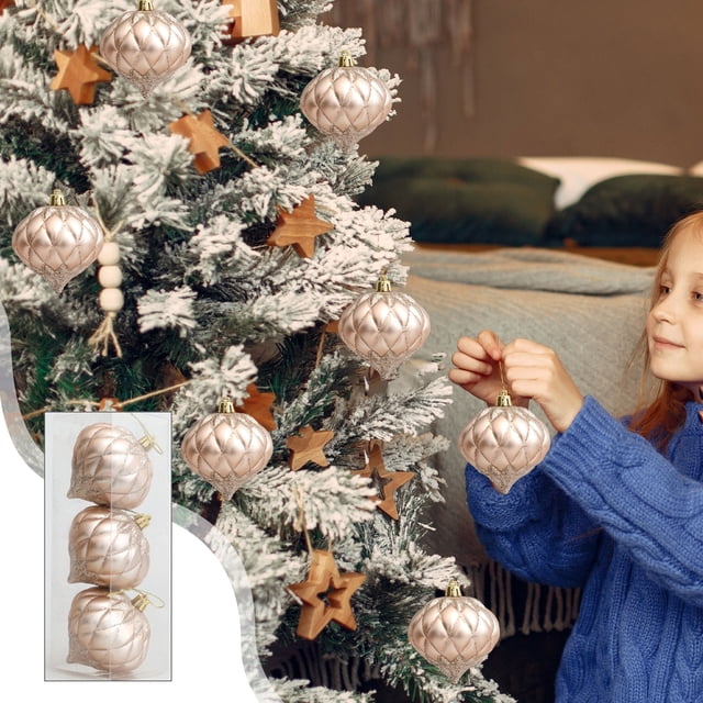 Set de Adornos Navideños Irrompibles | Forma de Cabeza de Cebolla | 3 Piezas | Color Oro Rosa | Material Plástico | 8 Cm | para Árbol de Navidad y Decoración de Fiestas