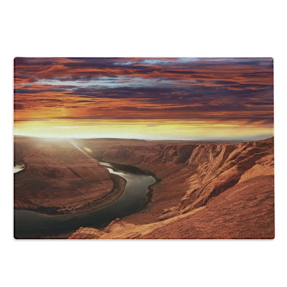 Landscape Cutting Board, Scenery of the River Between Rock Cliffs with Sky Image, Decorative Tempered Glass Cutting and Serving Board, Large Size, Orange Yellow, by Ambesonne