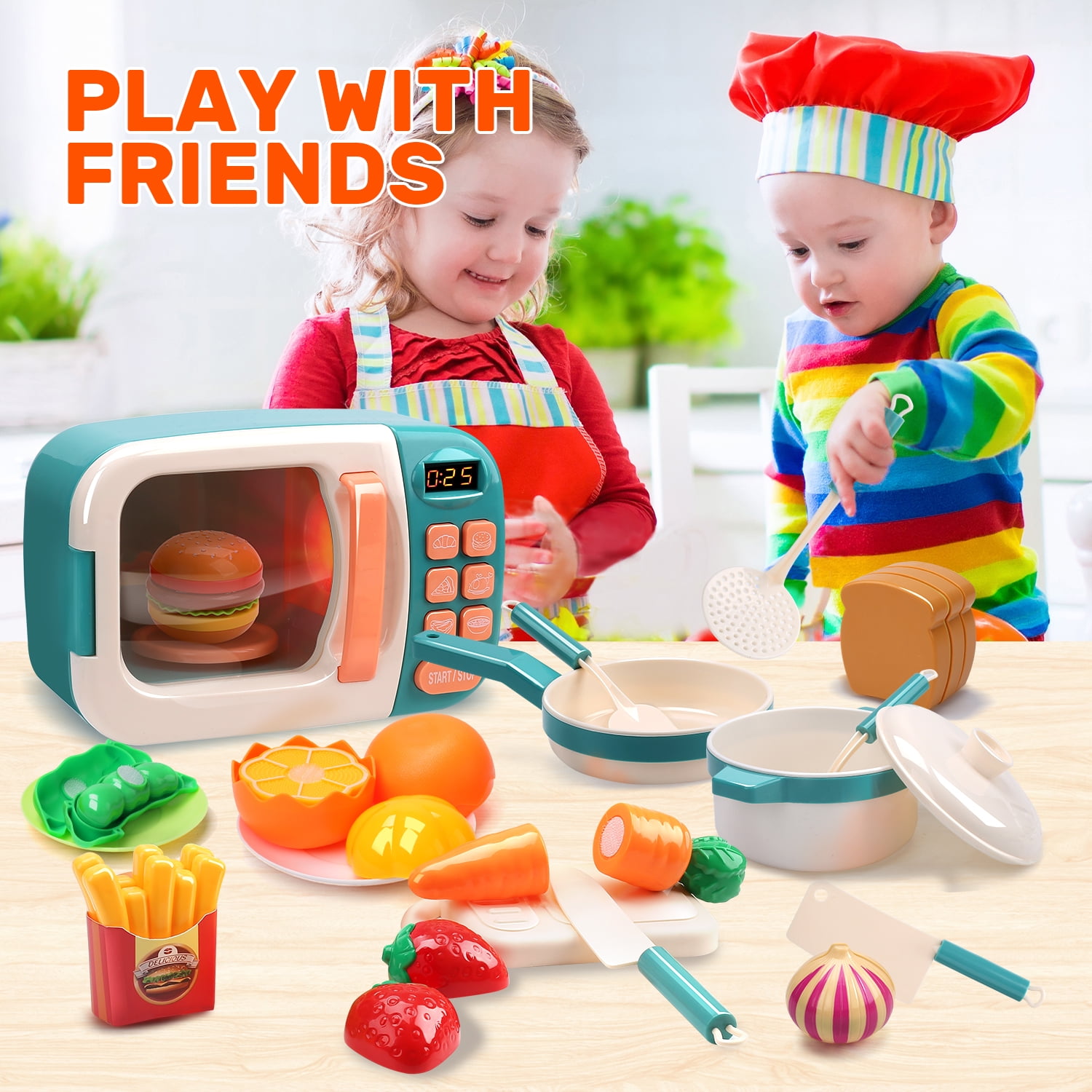 JoyStone 52PCS Kids Kitchen Toy Cookware with BBQ Play Food Toy Set,Kitchen  Play Accessories with Pots and Pans,Cutting Food Toy Utensils, Toys Gift  for Toddlers, White 