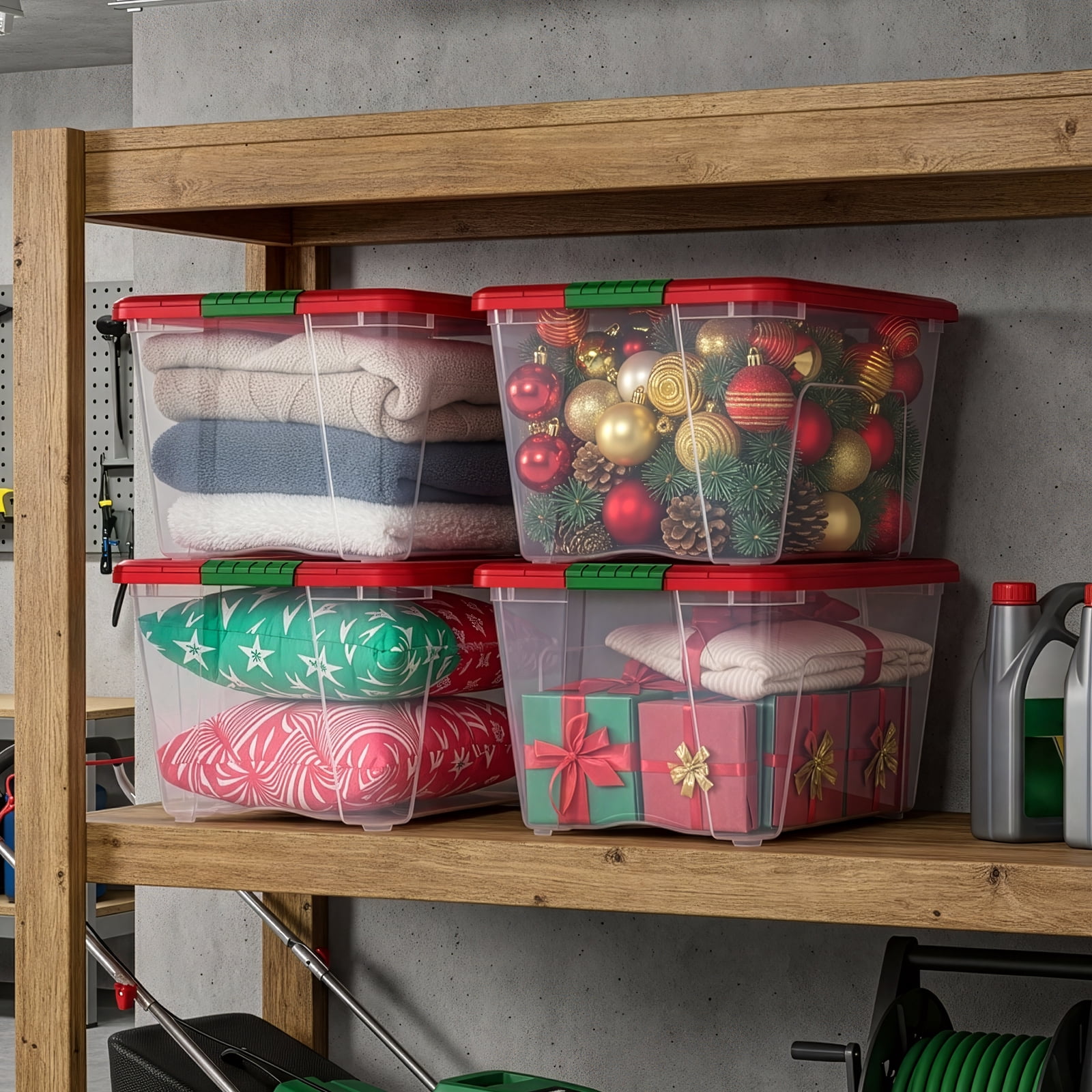IRIS 54 Qt Stackable Holiday Plastic Storage Bins with Lids and Latching Buckles Clear Red 4 Pack