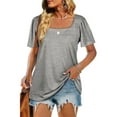 thumbnail image 3 of Liacowi Summer Casual Tops for Women Square Neck Short Sleeve T Shirt Strips Print Basic Top Loose Tunic Blouses Plus Size, 3 of 5