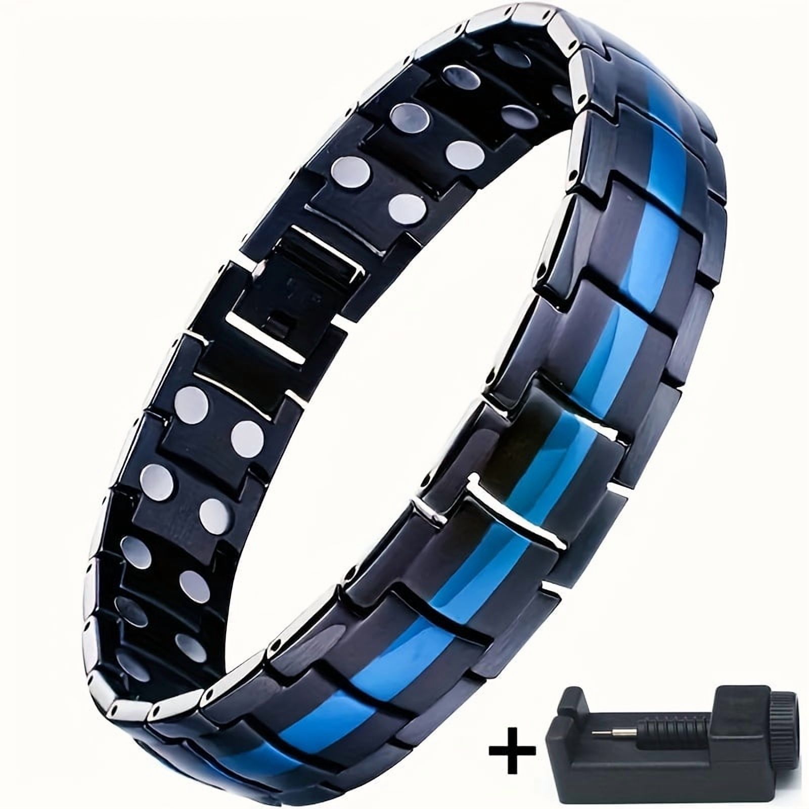 1 piece men's stainless steel bracelet with stylish broadband, black and blue striped design for Father's Day or Christmas,-Black and Blue