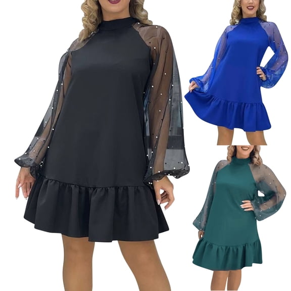 THDHVS Plus Size Dresses,Dresses for Women,Long Sleeve Sheer Mesh Dress Layering Piece or Standalone Statement Black