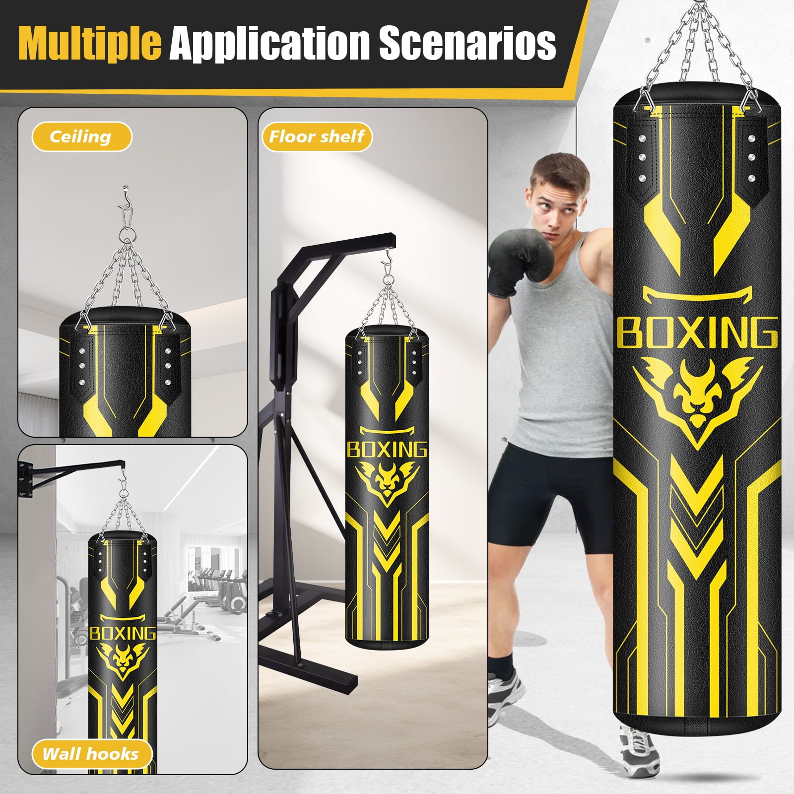 YORWHIN Hanging Punching Bag for Adults, 4FT PU Heavy Boxing Bags with Chain Ceiling Hook, Boxing Training Equipment for Training Muay Thai Karate Kickboxing Taekwondo Home Gym,Unfilled