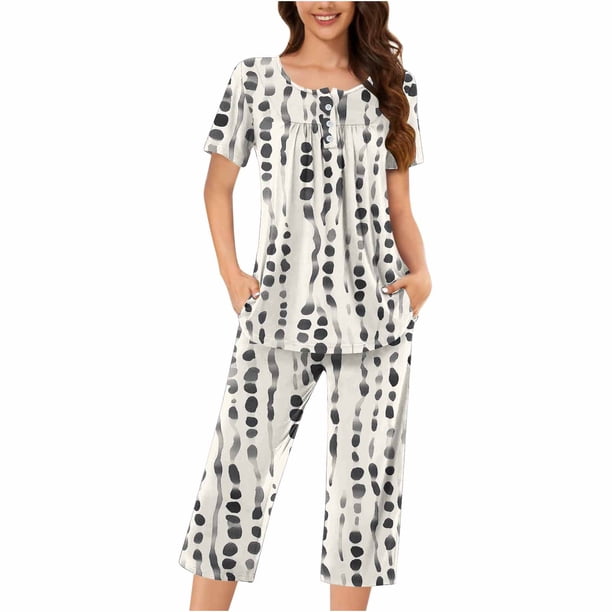 Sexy Pijama Conjunto para las Mujeres, Cuello Redondo Blusa de Manga Corta Y Pantalones, Traje de Moda Casual