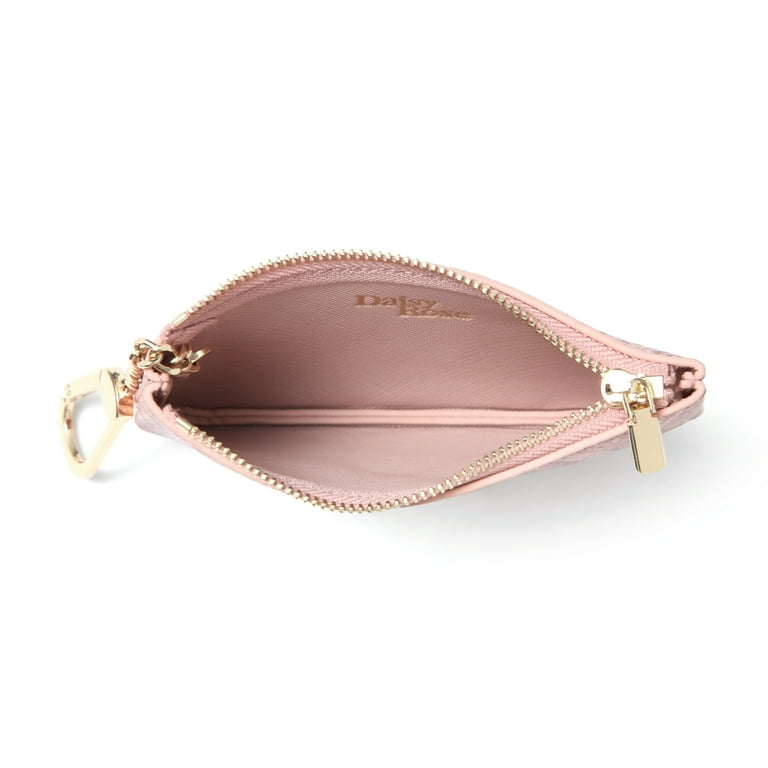 Daisy Rose Luxury Coin Purse Change Wallet Pouch for Women PU Vegan Leather Card Holder with Oversized Metal Keychain and Clasp Pink Snake