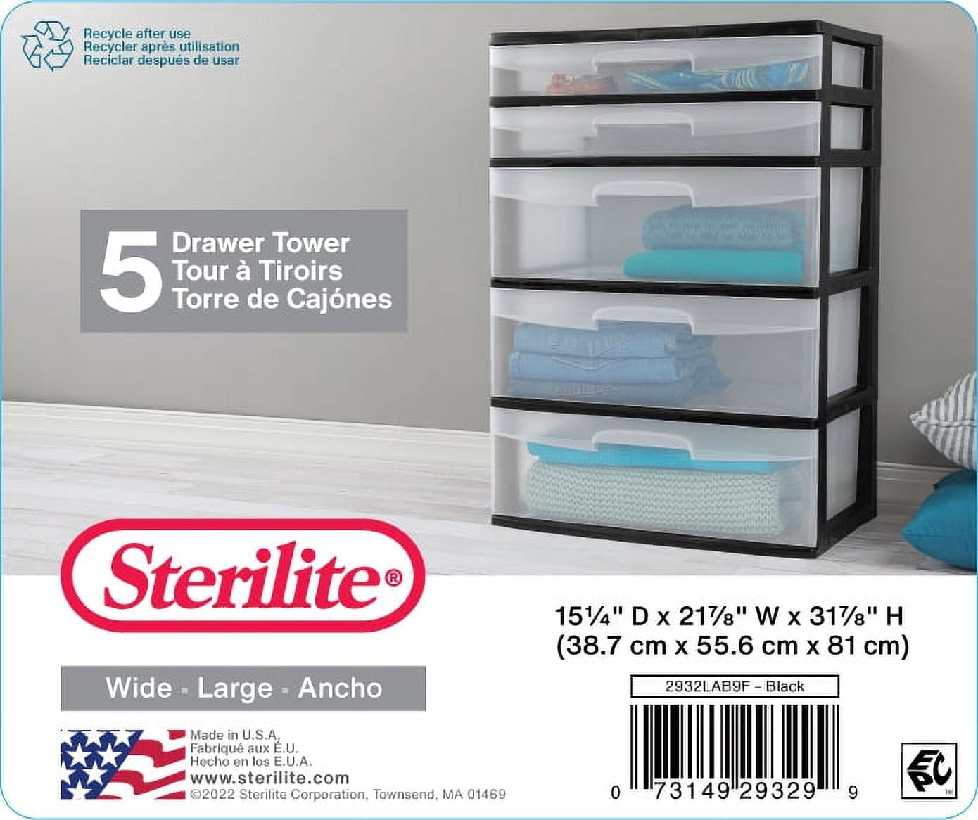 Sterilite 5 Drawer Wide Tower, with both Shallow and Deep Clear Plastic Drawers, Black