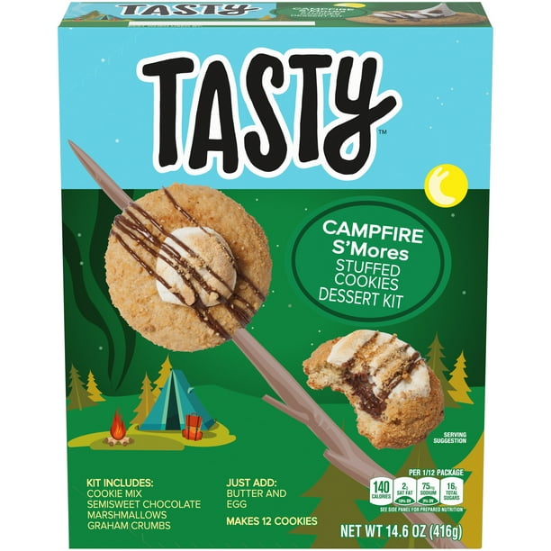 Tasty Campfire S Mores Stuffed Cookies Dessert Kit With Cookie Mix Chocolate Marshmallows Graham Crackers 14 6 Oz Box Walmart Com Walmart Com