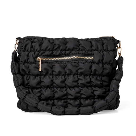 Kedzie Loft Shoulder Bag, Quilted Puffer Hobo Purse with Removable Strap, Black