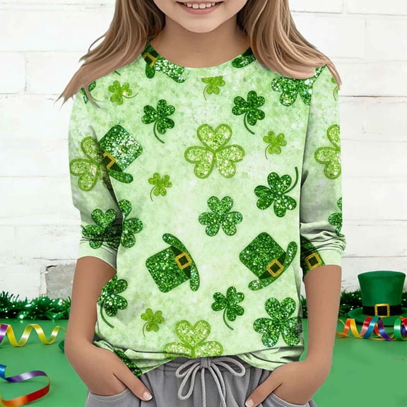 Girls St Patricks Day Shirt Green 3/4 Sleeve Cotton Top with Allover Shamrock Print, Soft Casual Holiday Outfit,Size 5 T