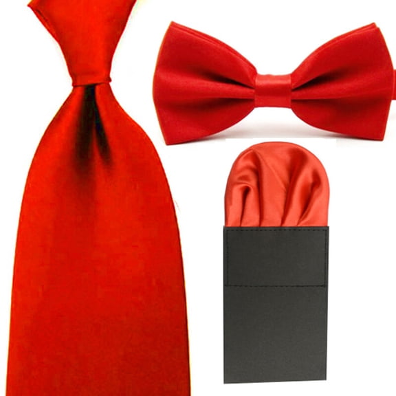Men Solid Satin Bowtie 8cm Necktie Ties Pre-Folded Puff Pocket Square Hanky Set