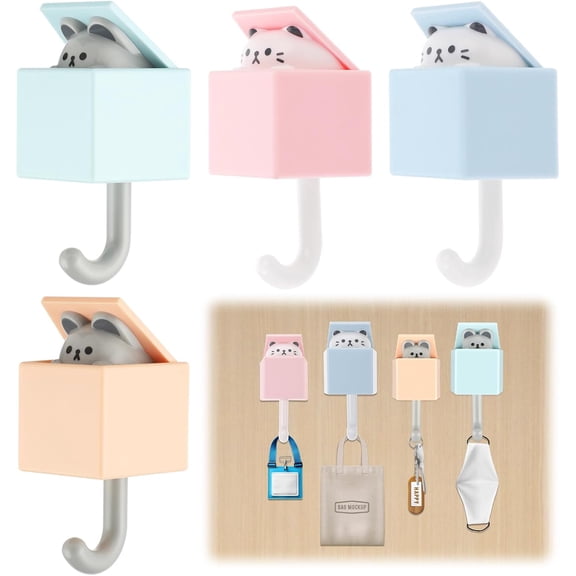 4PCS Cute Wall Hooks, Creative Adhesive Key Holder Wall Mount for Entryway, Kitchen, Bathroom, Holds Coats, Hats, Bags, Towels Decor, No Drill Needed(x)