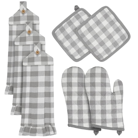VHC Brands Annie Buffalo Check 7PC Set 2 Oven Mitt 2 Pot Holder and 3 Tea Towels