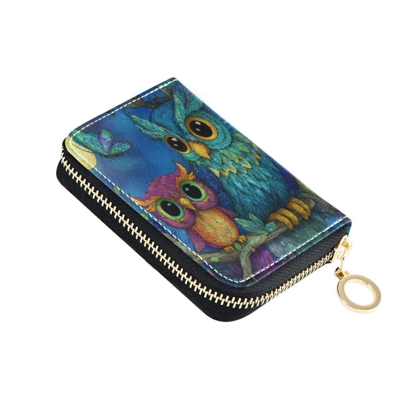 Leather Card Holder Wallet with Zipper RFID Blocking 9 Card Slots 2 Coin Pockets Compact Pocket Size Pretty Owl