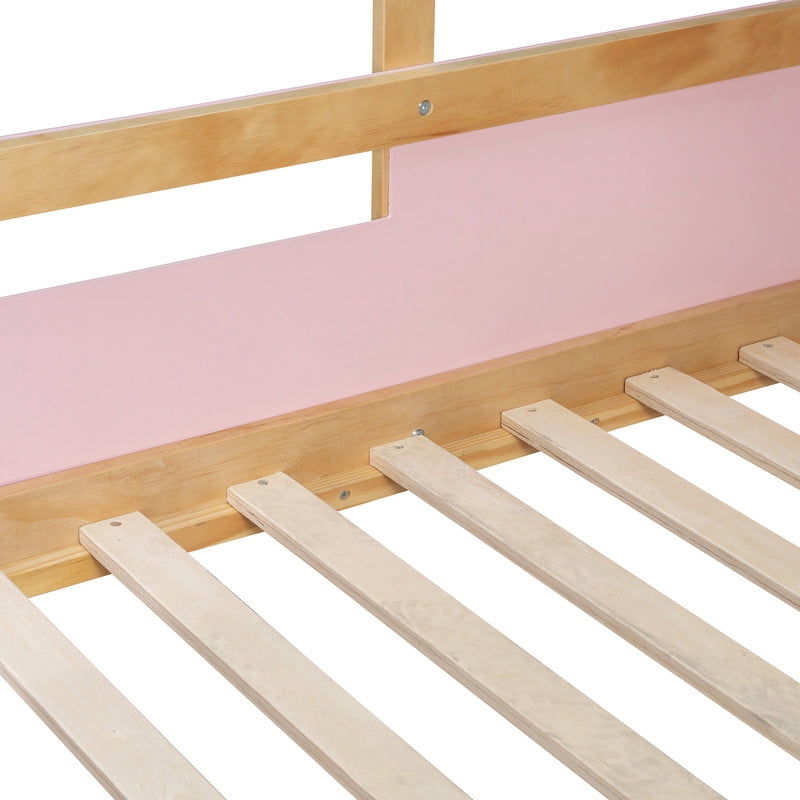 Full over Full House-Shaped Bunk Bed with Roof & Stairs, Kids Bed Frame with 3-Color LED Lights & Bedside Storage Shelf