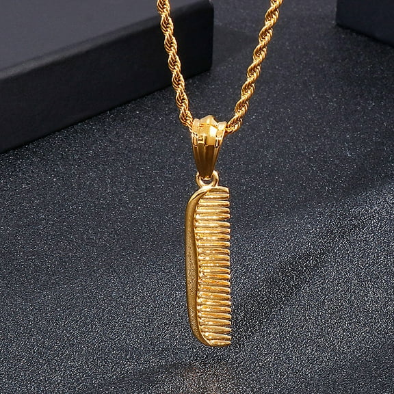Mens Hip hop style comb Vertical 14K Yellow Gold Pendant Necklaces,Embossing Radiation Sunburst Long Bar Collars,Male Jewelry Gifts for Him