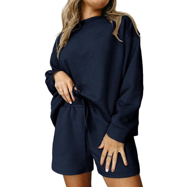 AherBiu Survêtements Courts pour Femmes, Hauts à Col Rond à Enfiler, Shorts, Coupe Ample, Ensemble 2 Pcs, Vêtements de Printemps