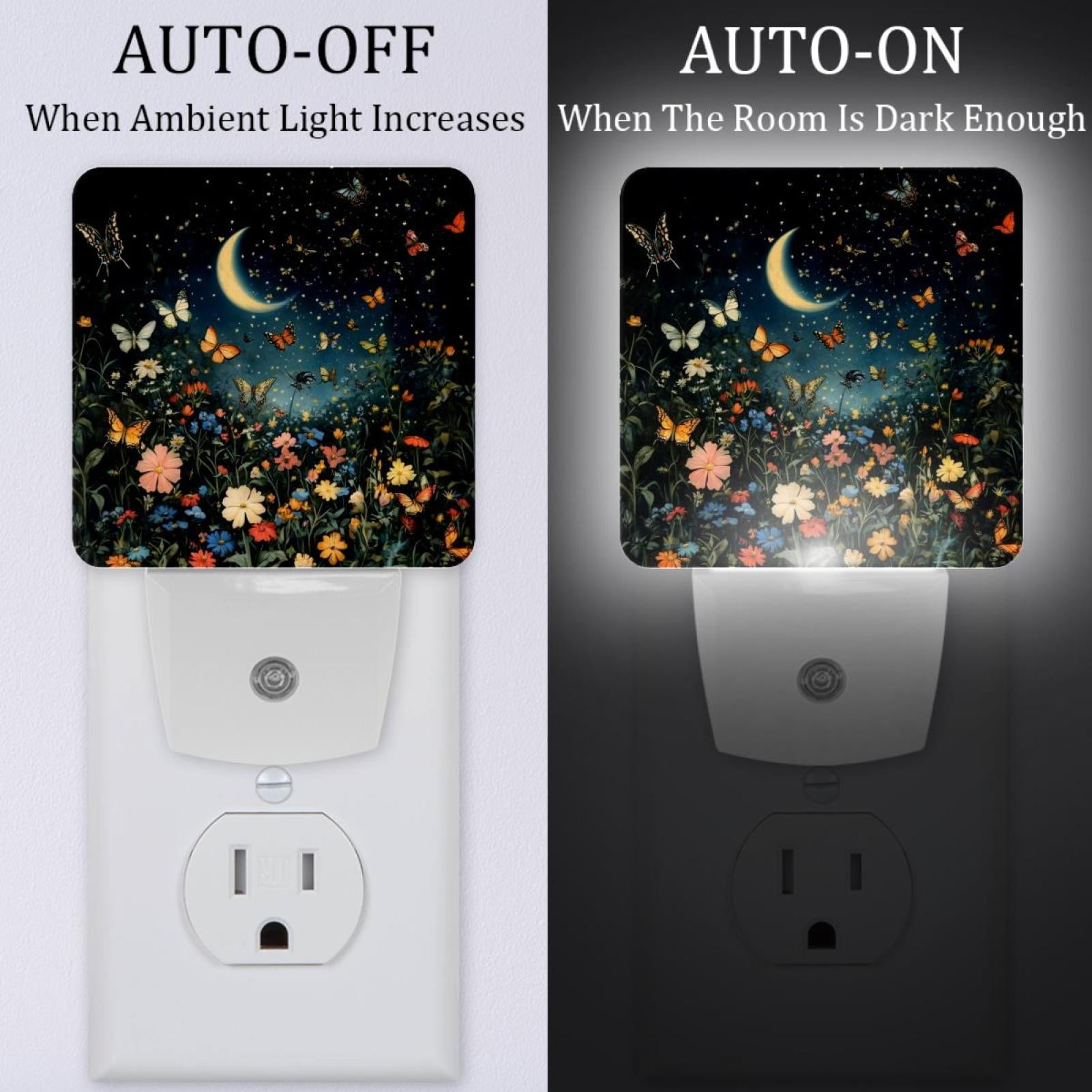 PhooArto Moon Colorful Butterflies Flower Plug in LED Night Light Auto Sensor Dusk to Dawn Decorative Night for Bedroom, Bathroom, Kitchen, Hallway, Stairs, Baby's Room, Energy Saving