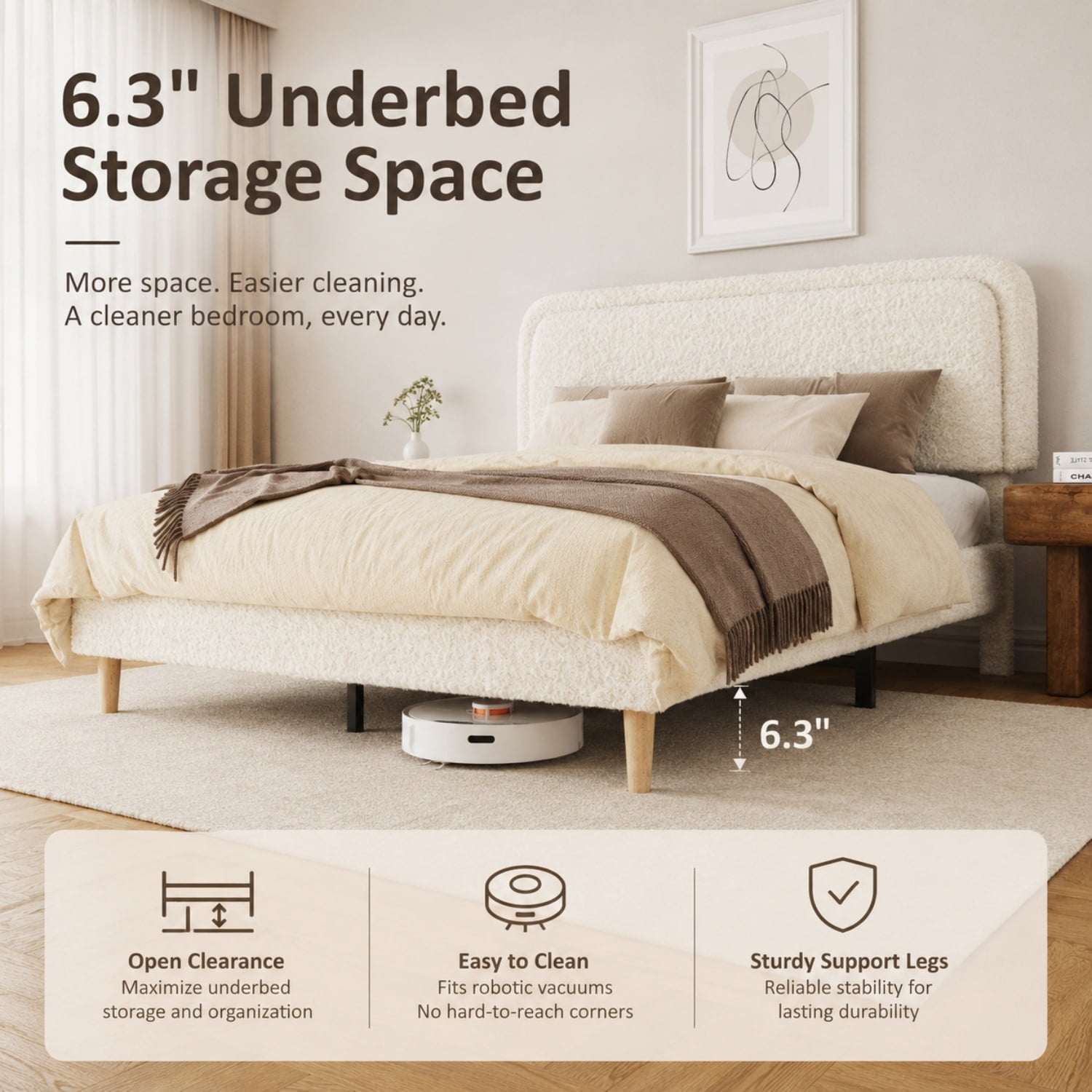 Miniyam King Size Boucle Upholstered Platform Bed Frame with Adjustable Headboard and Wood Slat Support, White