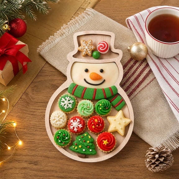Snowman Wooden Serving Tray Christmas Platter Winter Snowman Shape Charcuterie Board Decorative Wood Snack Dish Plate for Xmas Holiday Present