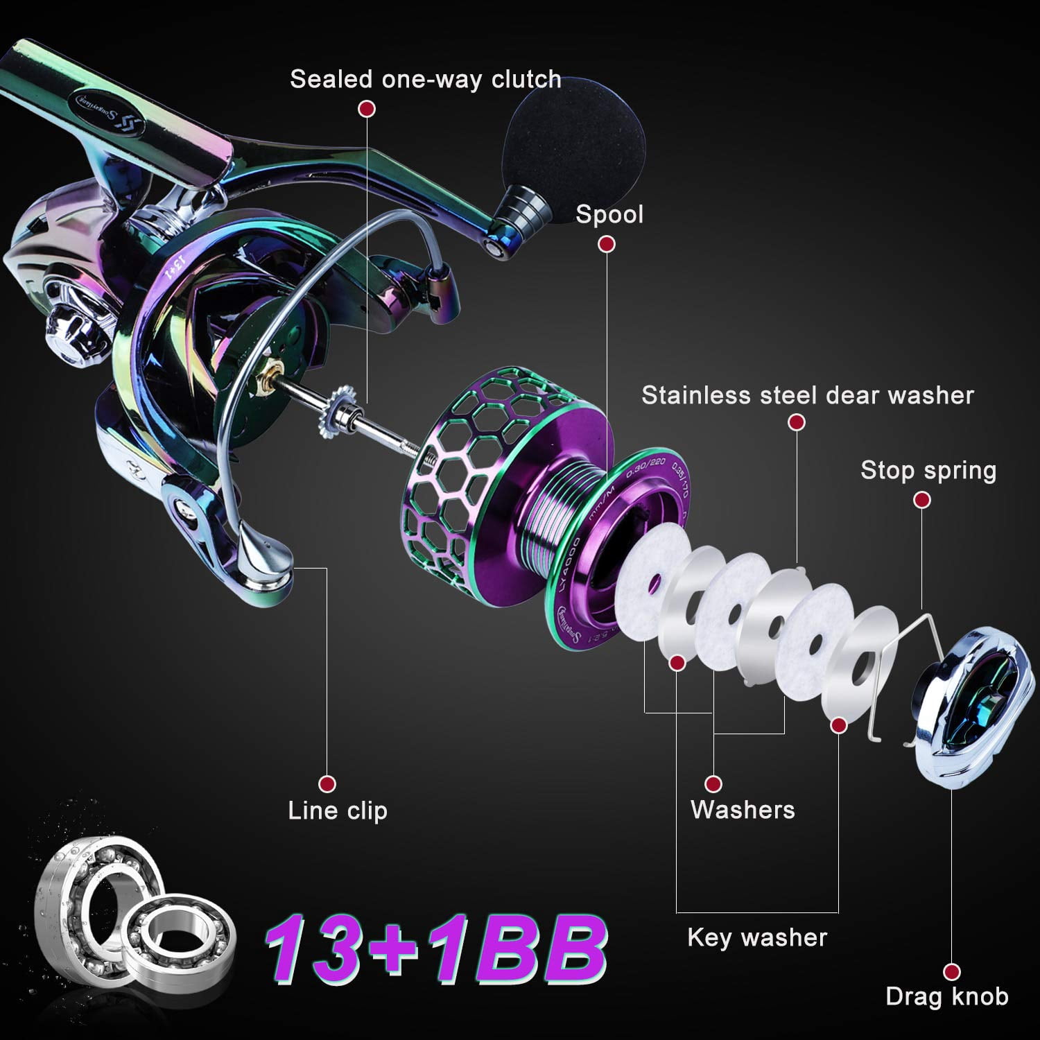 Colorful Fishing Reel 13 +1 Bb Light Weight Ultra Smooth Spinning Reels  With Cnc Line Management Graphite Frame For Freshwater