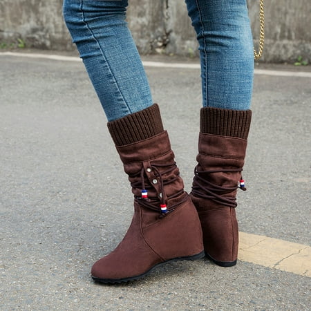

QISIWOLE Women s Suede Mid-boots With Inner Raised Round Head Ethnic Style Wool Barrel Deals