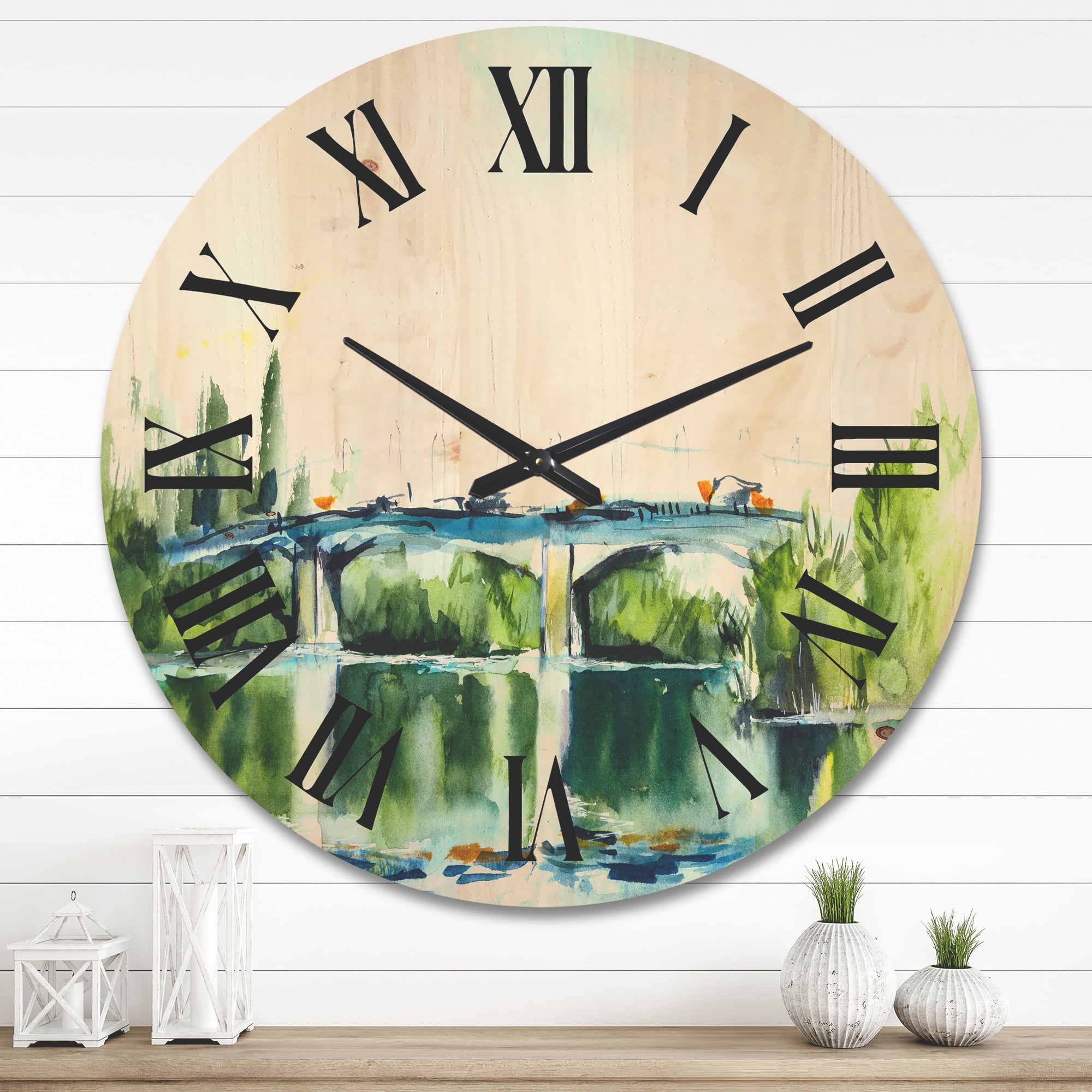 Designart 'Landscape With Old Bridge Over River In The Countryside' Traditional Wood Wall Clock