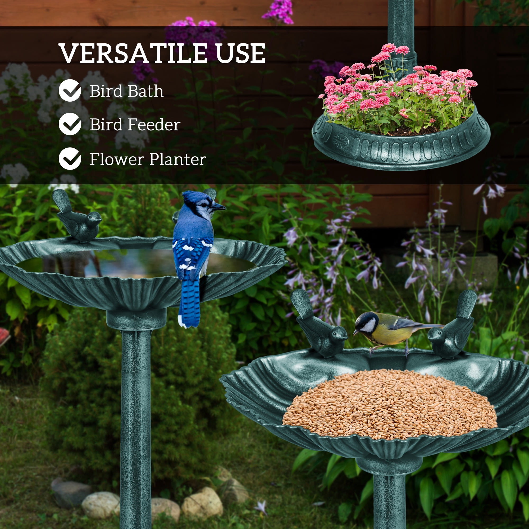 Outsunny Antique Bird Bath with Planter Pedestal, Vintage Decorative Birdbath, Bird Feeder Bowl, Verdigris