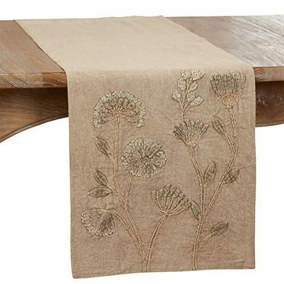 Fennco Styles Stonewashed Floral Cotton Table Runner 16" W x 72" L - Taupe Flower Table Cover for Home Décor, Banquet, Family Gathering, Everyday Use and Special Occasion