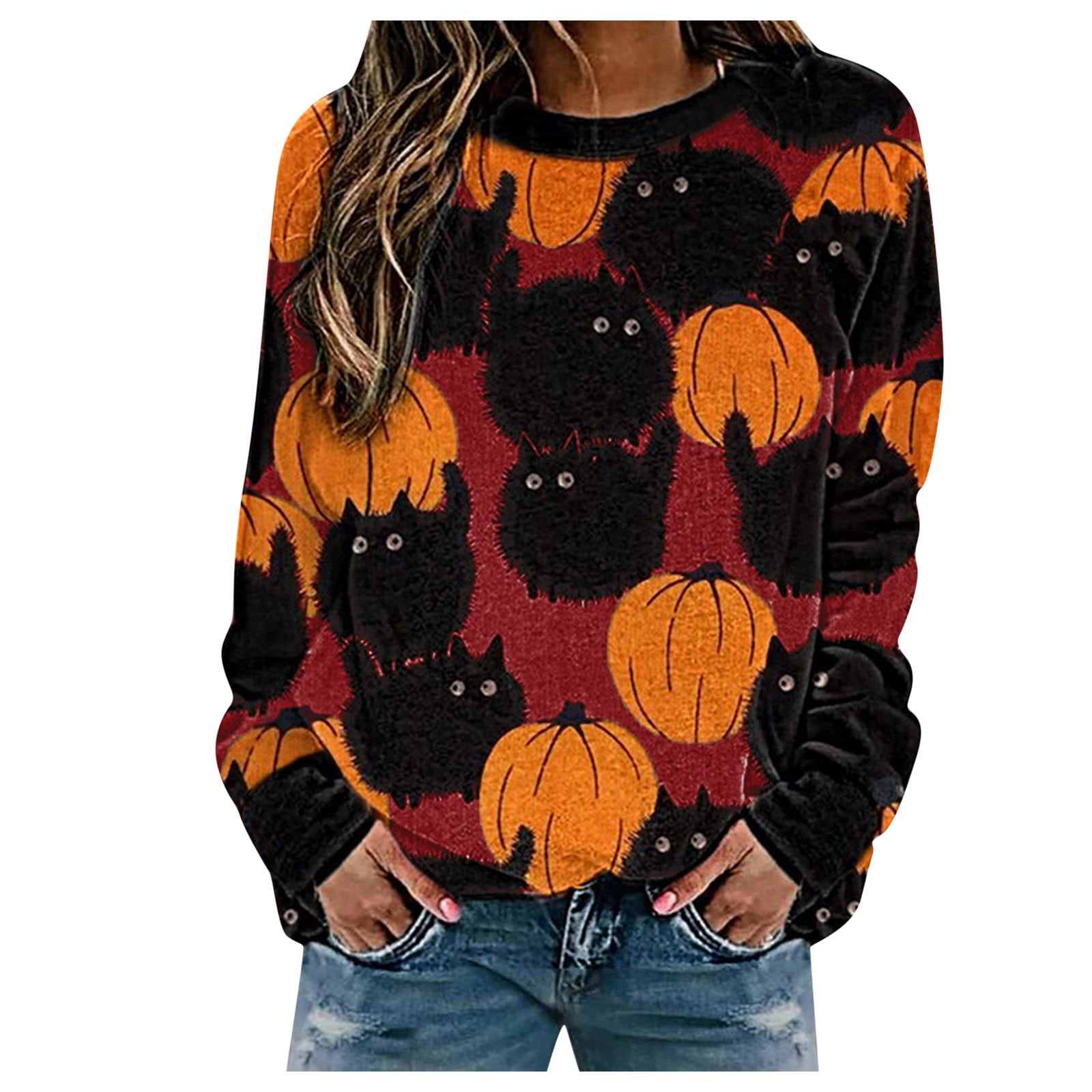 Womens Cozy Sweatshirt Pumpkins Pockets Sweater