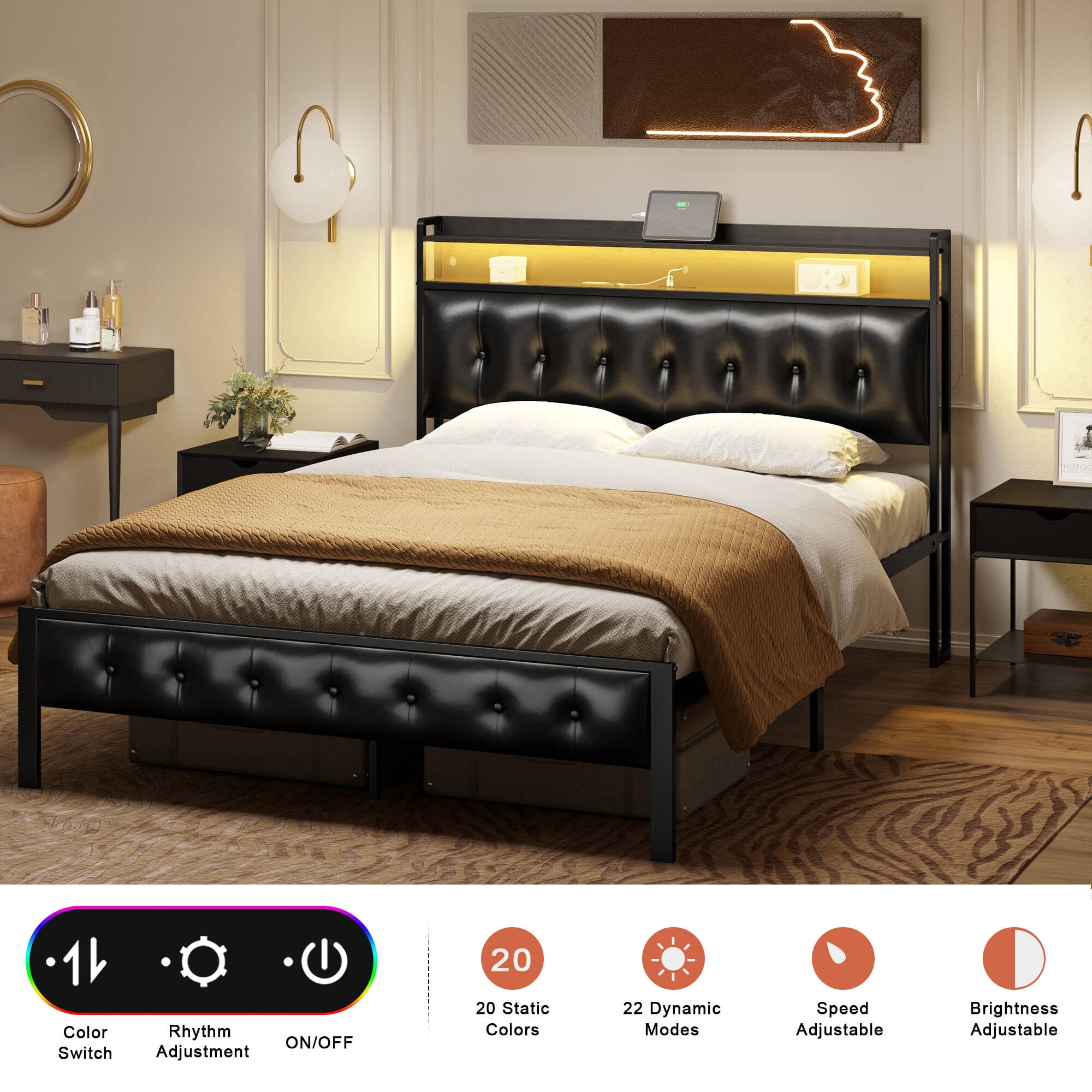 GUNAITO Full Size Bed Frame with PU Leather Storage Headboard & Footboard Upholstered Platform Bed with LED Lights USB Ports & Outlets Black
