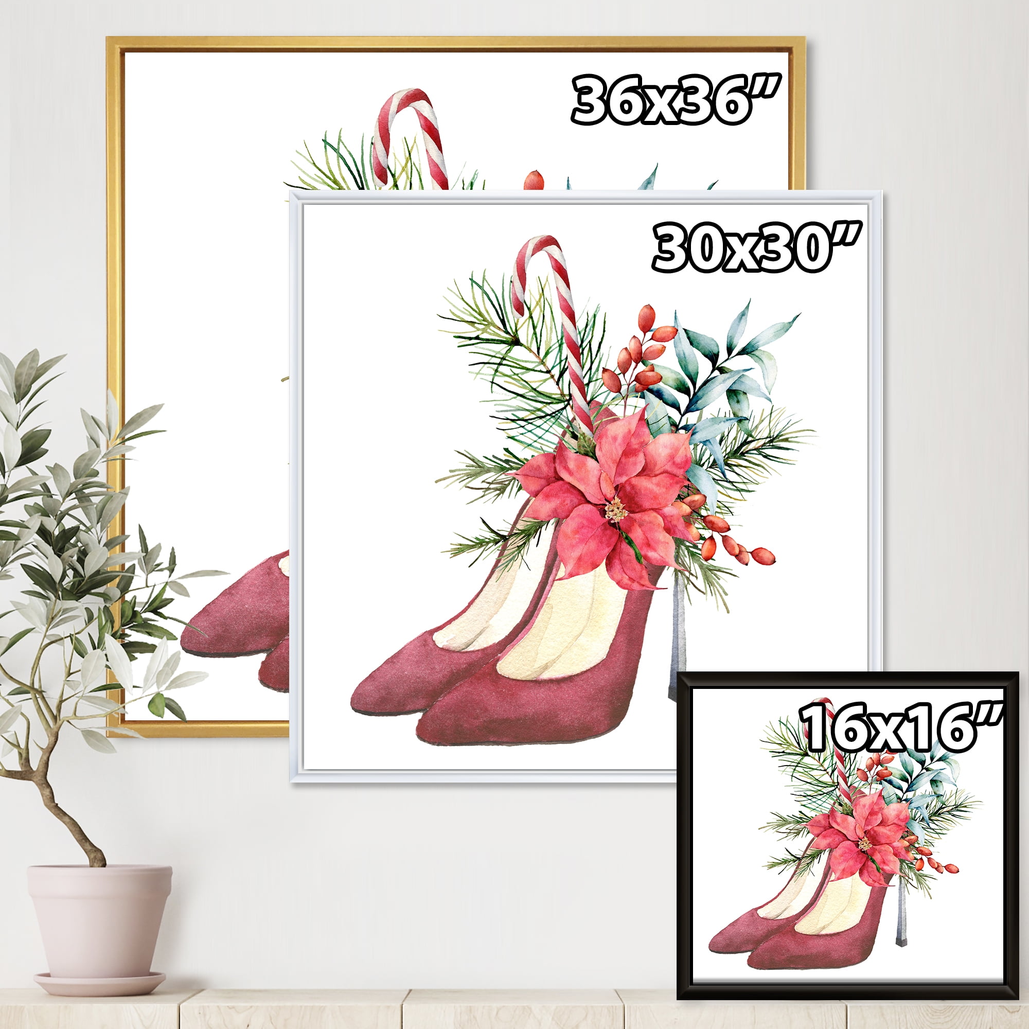 Designart 'Red Suede Heeled Shoes With Christmas Red Floral Decor' Traditional Framed Canvas Wall Art Print