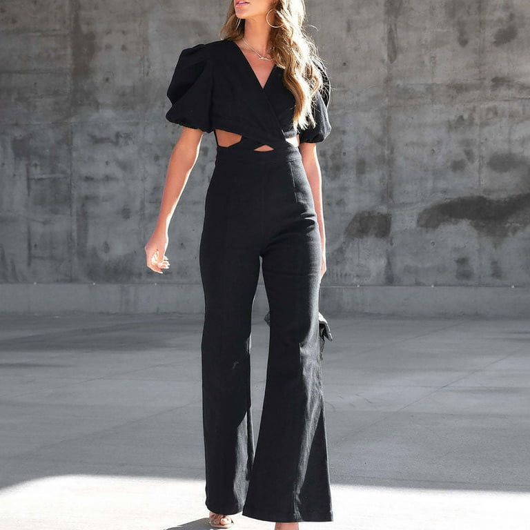 Denim Jumpsuit for Women Summer Casual Short Sleeve V Neck Cut Out Sexy Flared  Romper Jumpsuits 