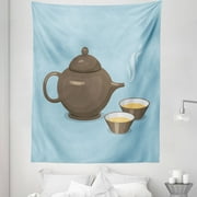 Tea Tapestry, Kettle with Cups Beverage Teatime Morning Drink Theme Design, Fabric Wall Hanging Decor for Bedroom Living Room Dorm, 5 Sizes, Dark Taupe Pale Blue, by Ambesonne