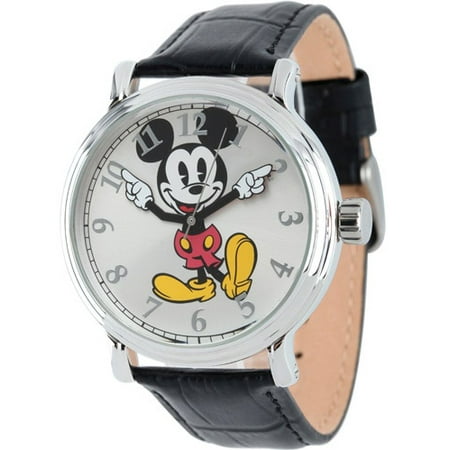 Mickey Mouse Men's Shinny Silver Vintage Articulating Alloy Case Watch, Black Leather Strap