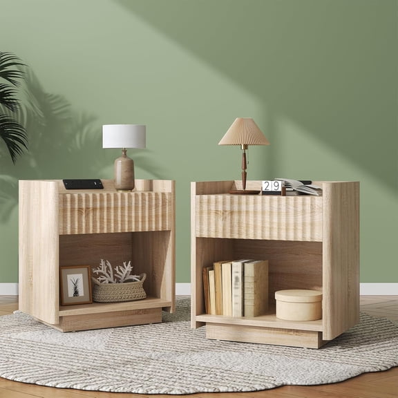 Winkalon Fluted Nightstands for Bedroom Set of 2, Farmhouse Bedside Tables with Drawer & Open Shelf, Wood End Table for Living Room,Oak