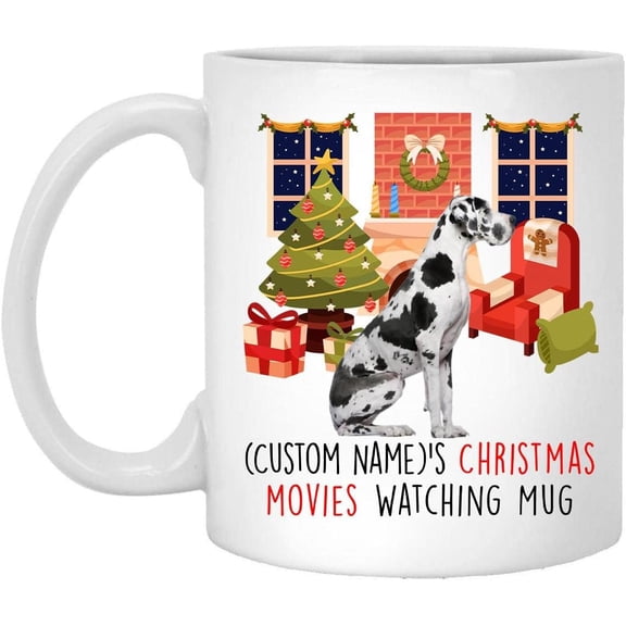 Lovesout Piabald Great Dane Dog 2025 Christmas Movies Watching Mug Personalized Name Gifts 2026 New Year Eve Coffee Cup White 11 oz