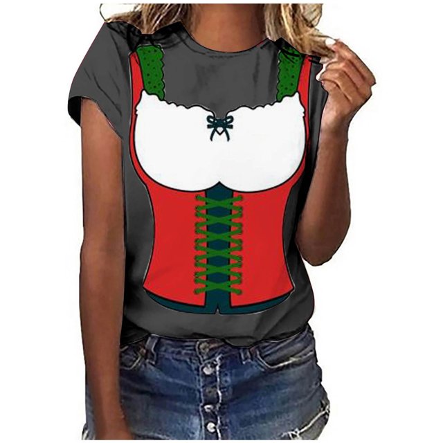 Pompotops Blouse Décontractée Mode Femme Imprimé Oktoberfest Col Rond T-Shirt Blouse Imprimée Tee Liquidation