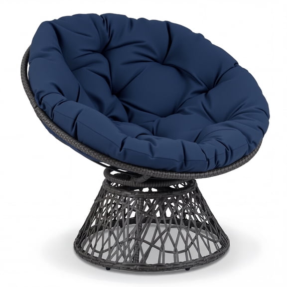 Gymax 360-DegreeSwivel Papasan Chair Round Wicker Lounge Chair w/Thick Cushion&Metal Frame Navy Blue