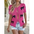 thumbnail image 4 of Women'S Bow-Knot Cardigan Sweaters Short Sleeve Loose Knit Tops Rose Red XL, 4 of 9